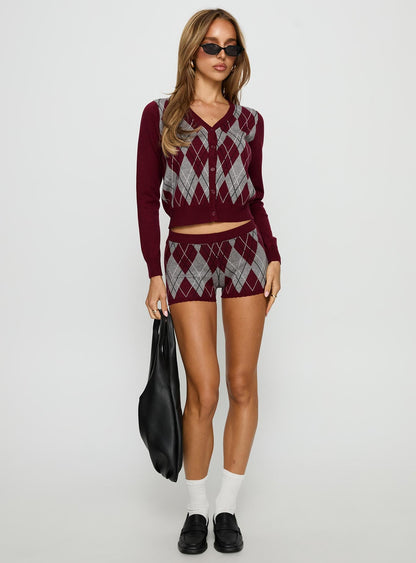 Raiven Knit Cardigan Burgundy Argyle