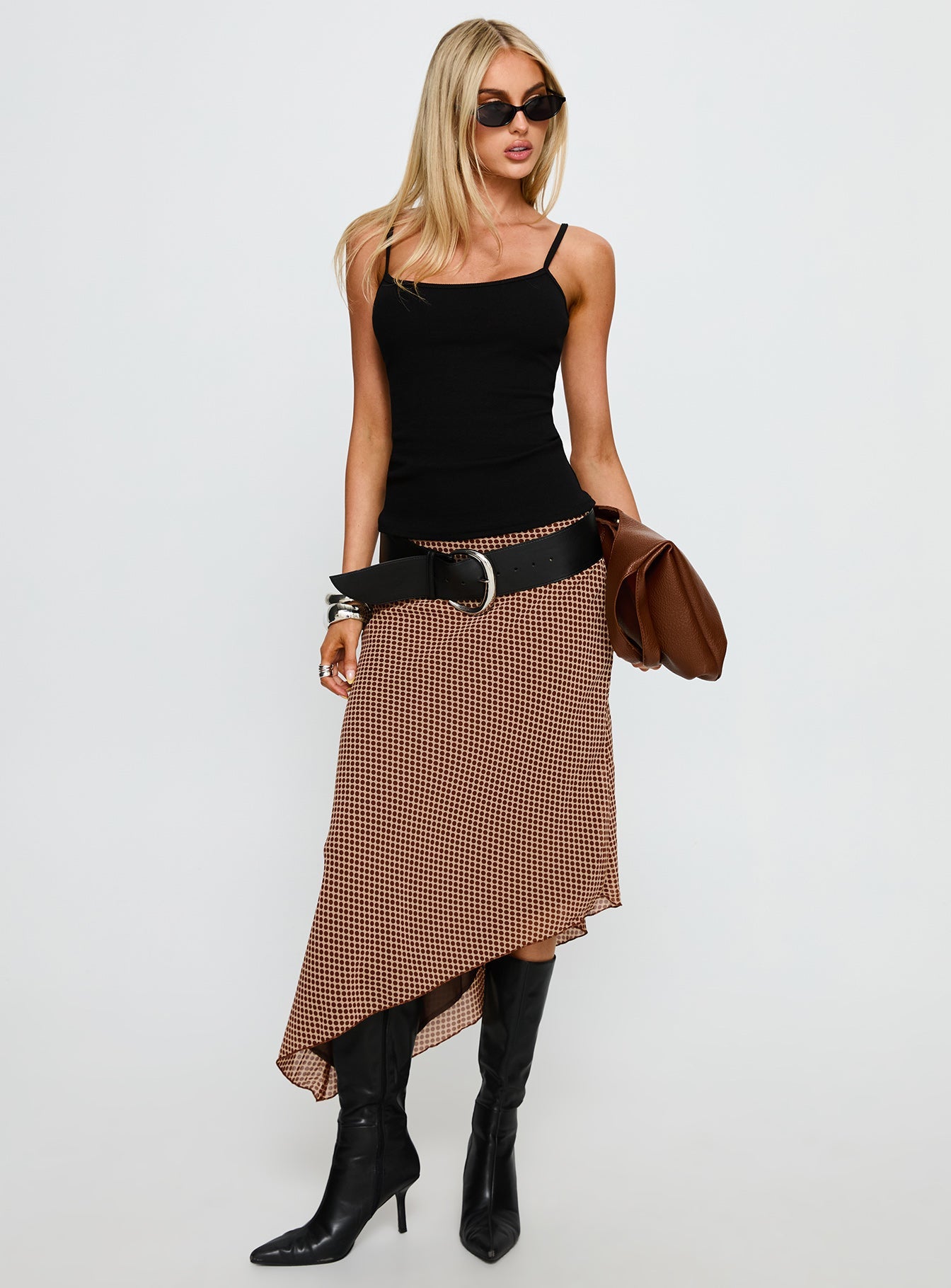 Suella Asymmetrical Midi Skirt Brown Polka Dot