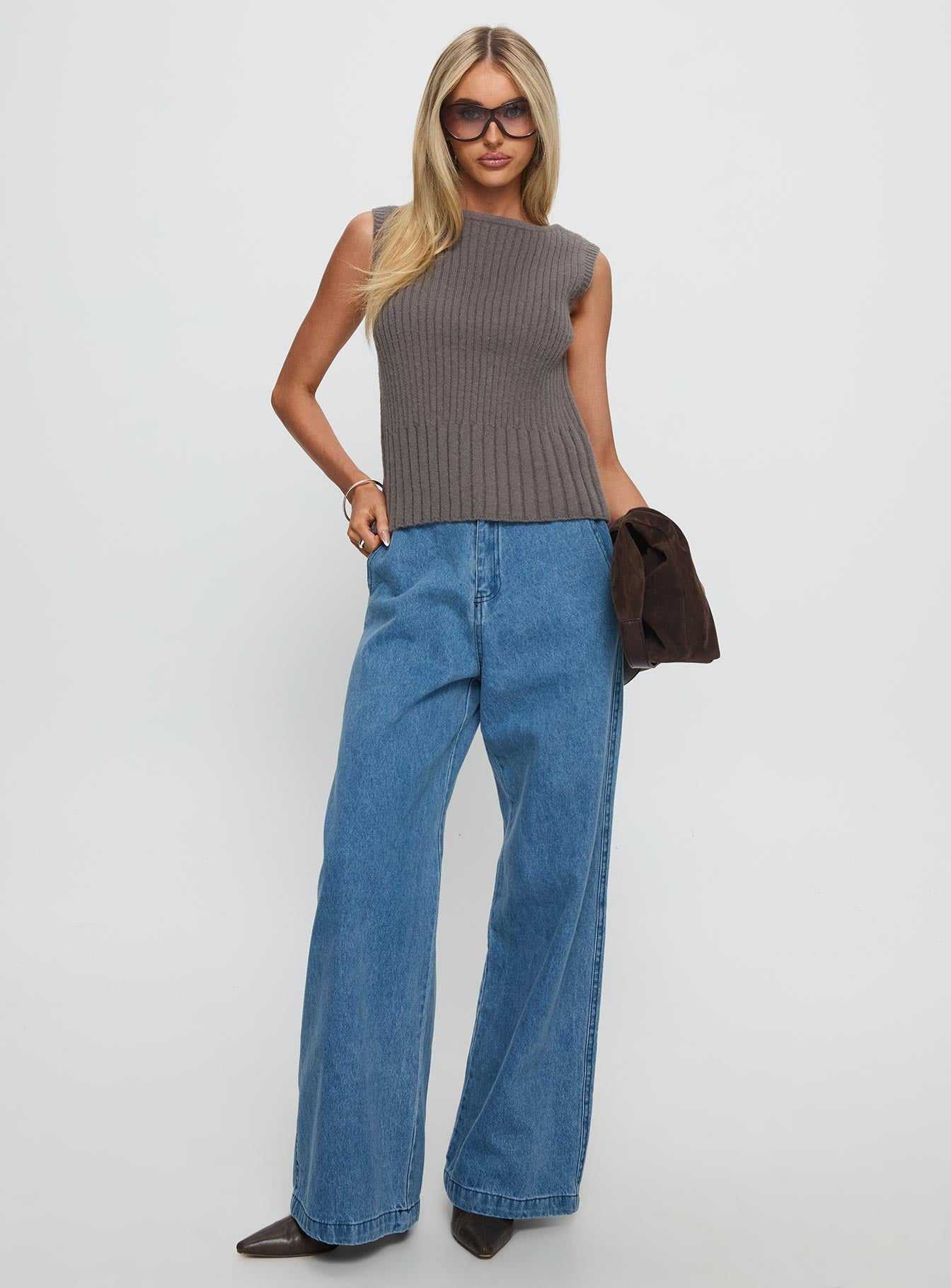 Peerless Ribbed Sleeveless Top Charcoal