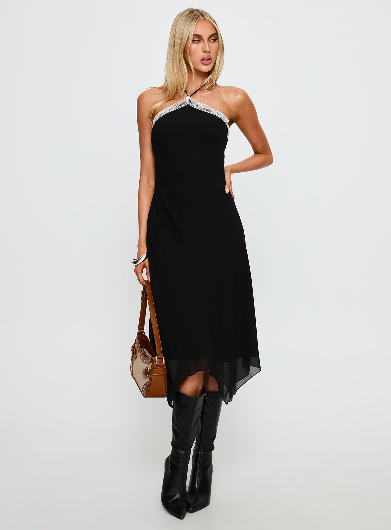 Naila Halter Lace Trim Midi Dress Black