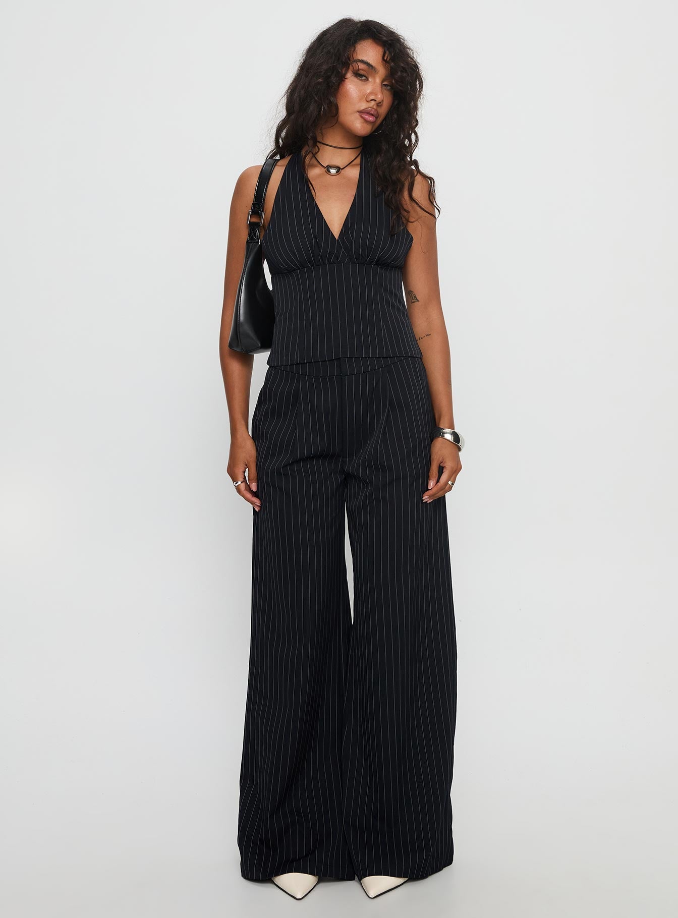 All She Wrote Halter Tailored Set Navy Stripe