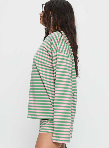 Settle Down Long Sleeve Top Green / Pink Stripe