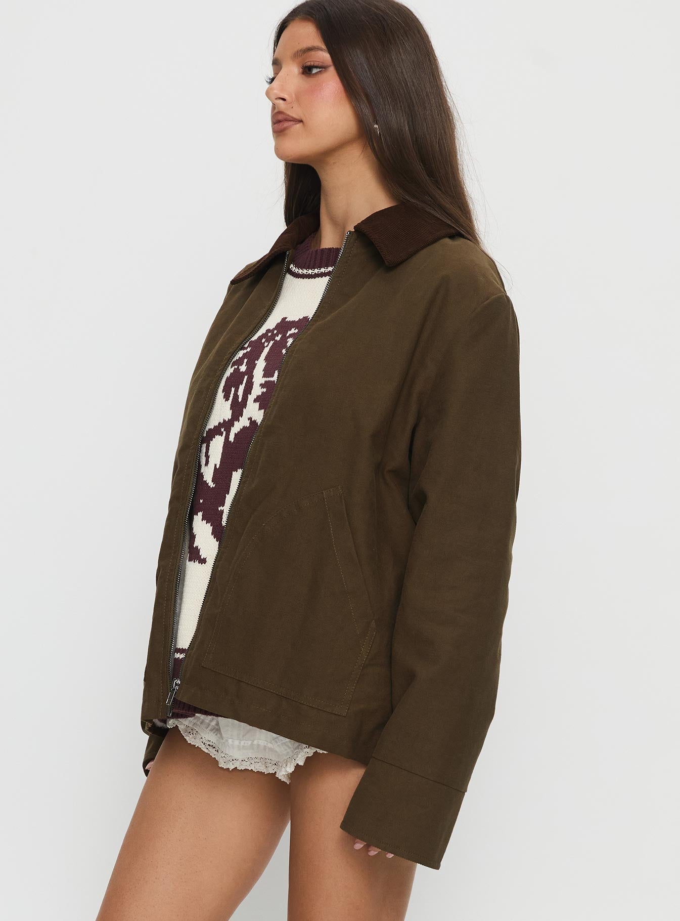 Livya Contrast Collar Utility Jacket Khaki