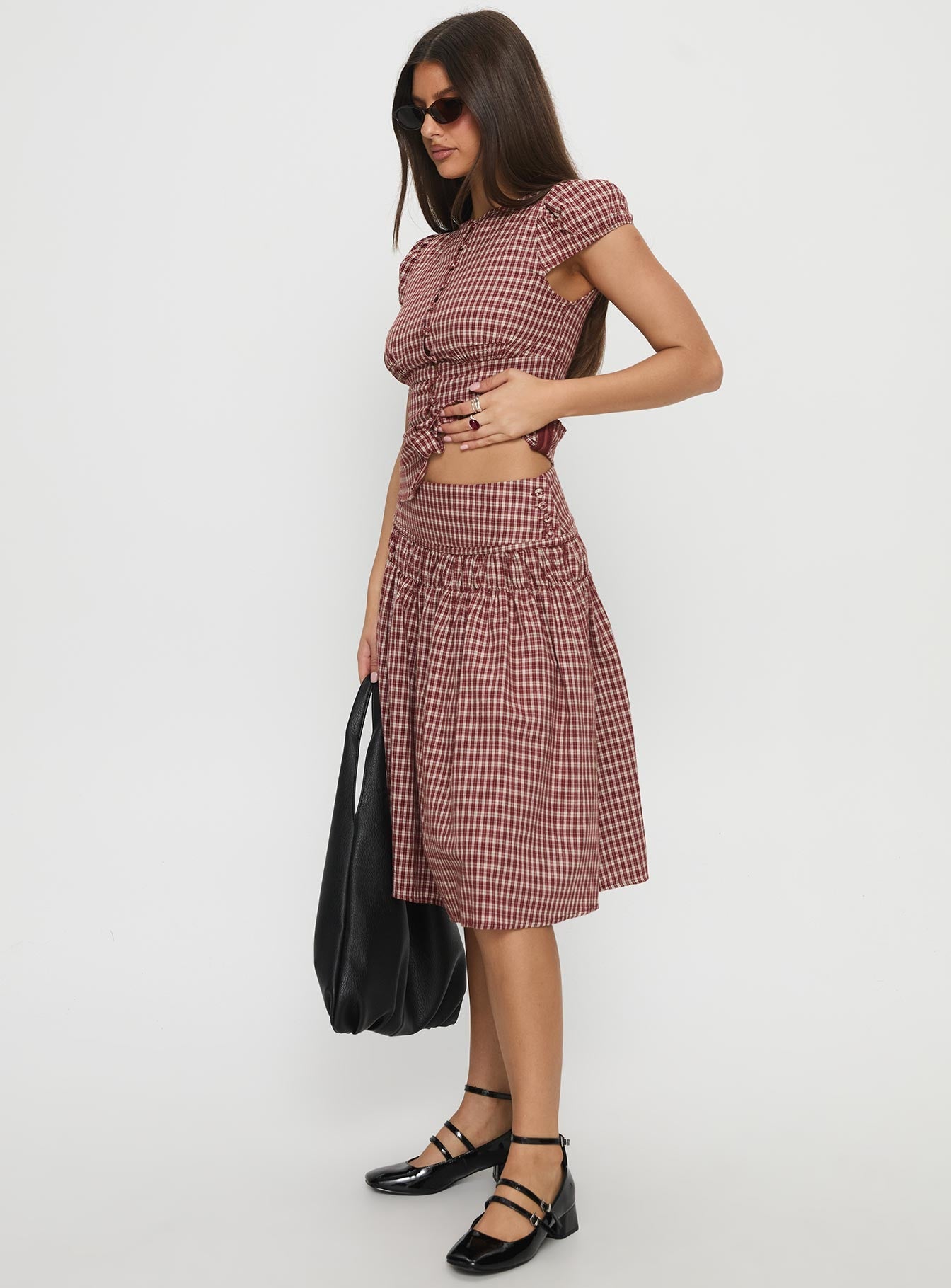 Alixandra Ruched Midi Skirt Red Check