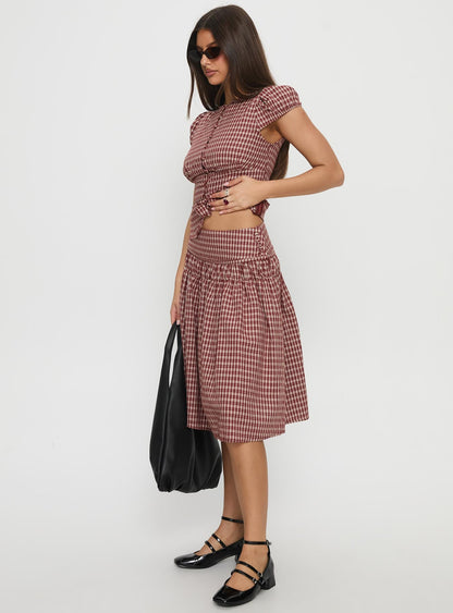 Alixandra Ruched Midi Skirt Red Check