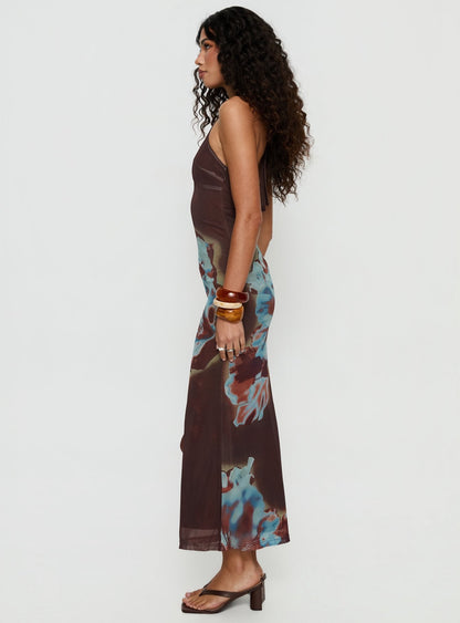 Maritsa Halter Beaded Maxi Dress Brown Floral