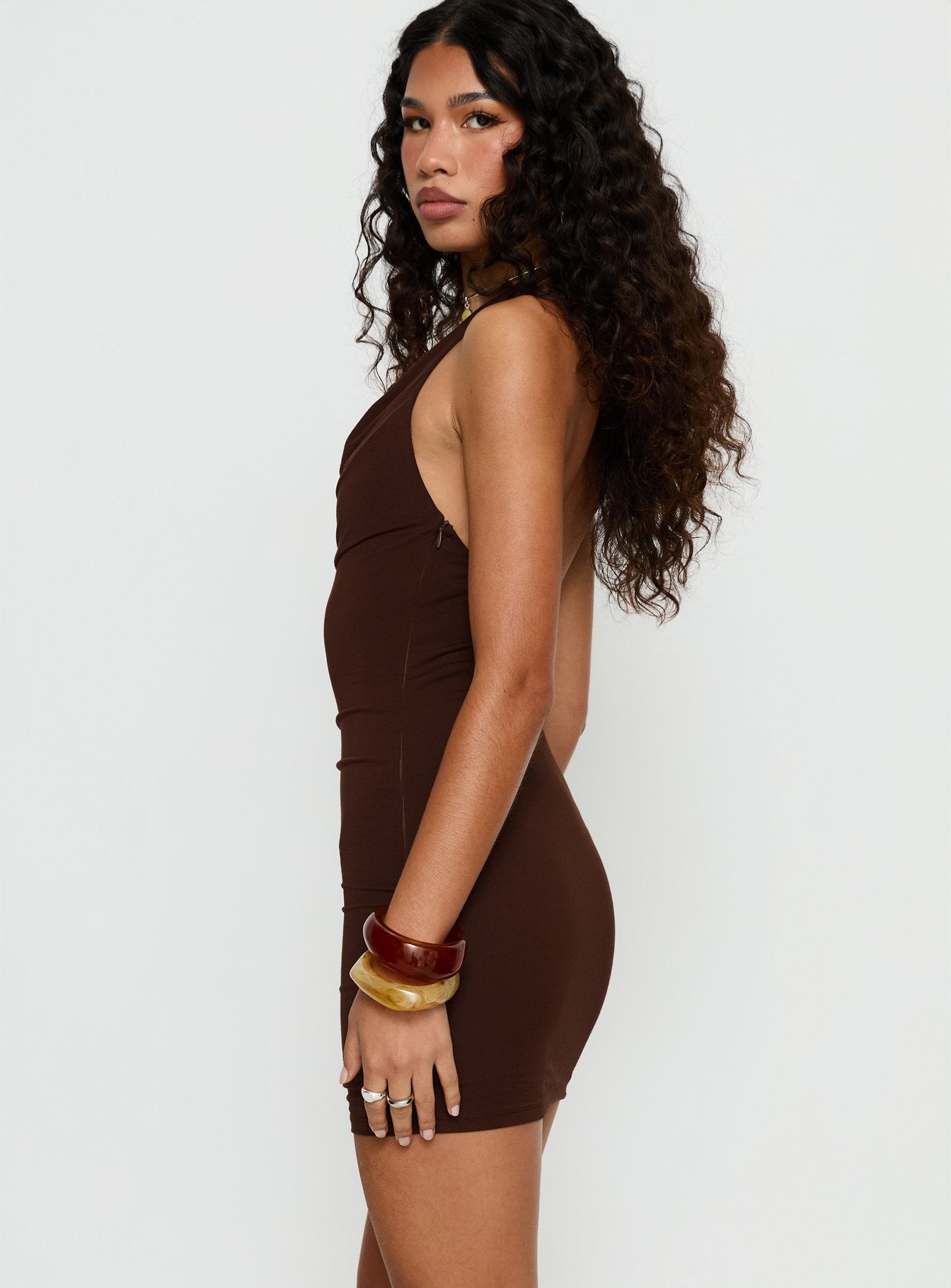 Korella Beaded Halter Mini Dress Chocolate Brown