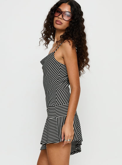 Laurela Asymmetrical Mini Dress Black / White Stripe