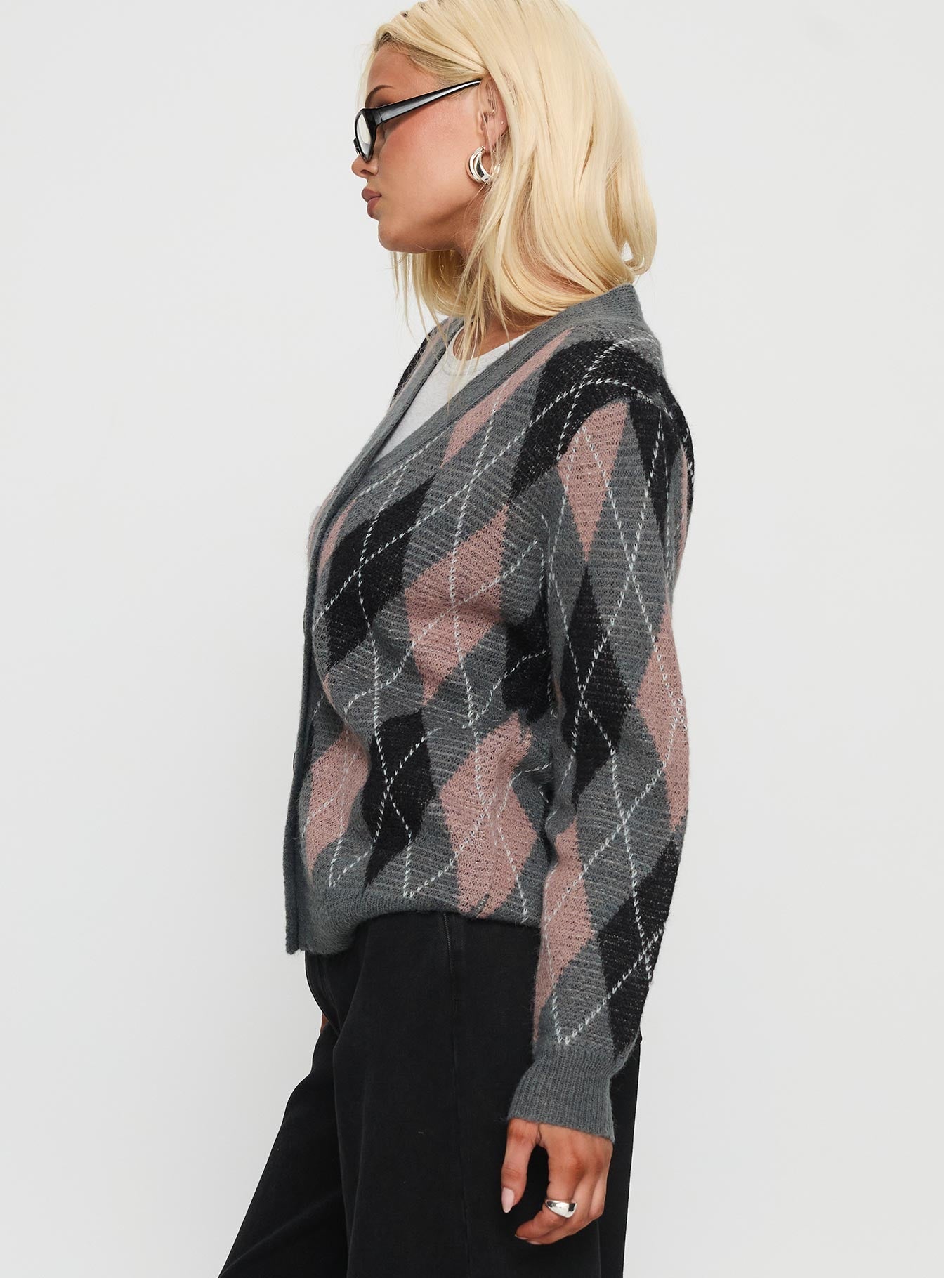Zeeva Button Through Knit Cardigan Grey Argyle