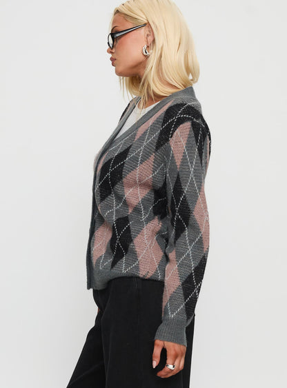 Zeeva Button Through Knit Cardigan Grey Argyle