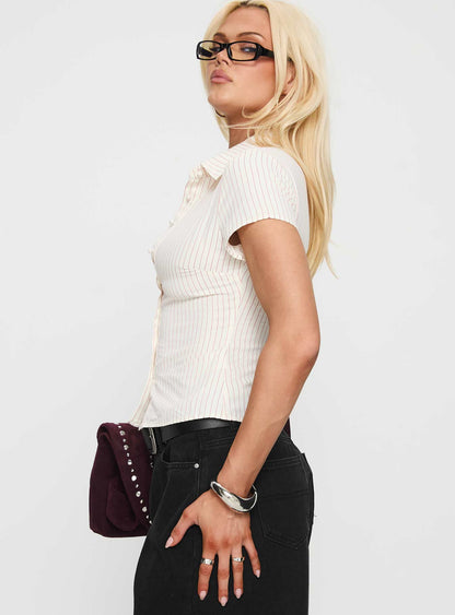 Lift Off Button Up Top White / Red Stripe