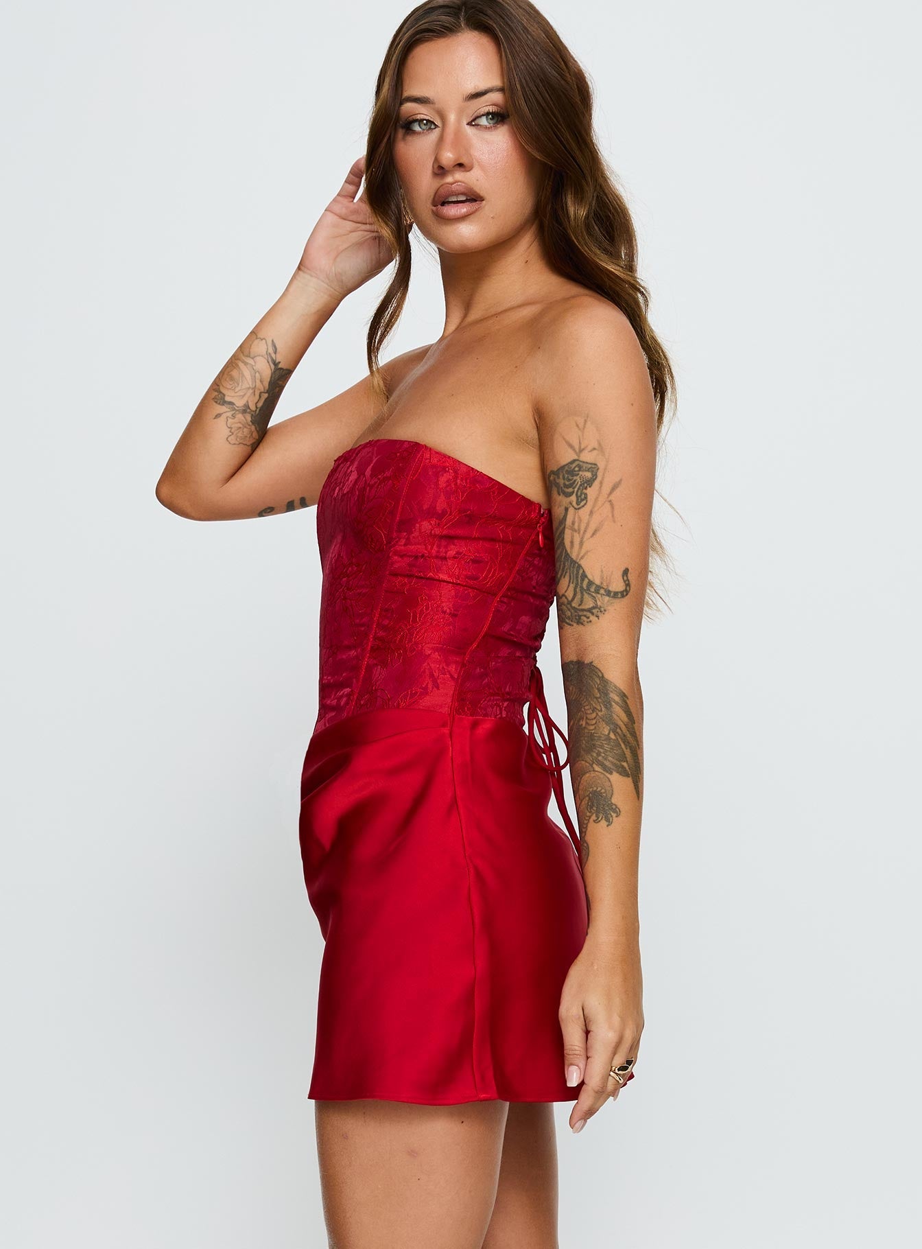 Jenevieve Strapless Drape Mini Dress Red