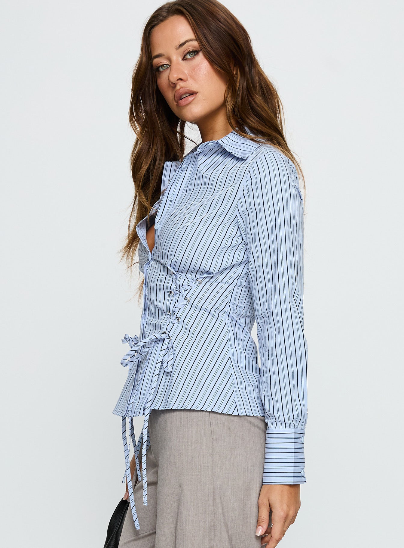 Sunisa Tie Detail Long Sleeve Top Blue Stripe