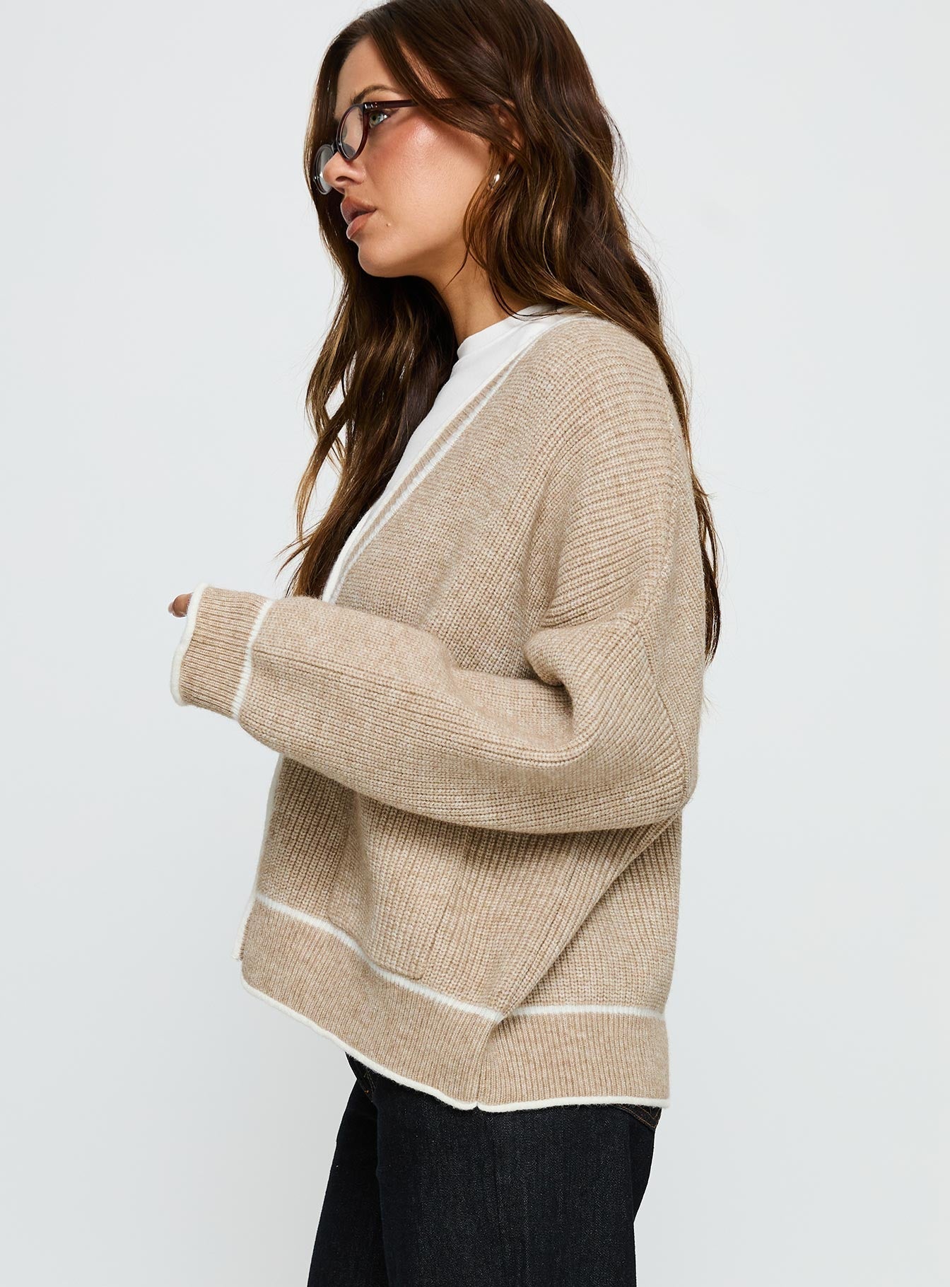 Cressara Contrast Knit Cardigan Beige / White