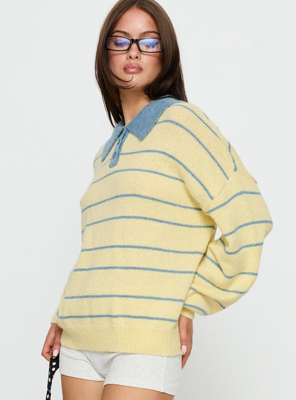 Minda Collared Knit Sweater Yellow Stripe