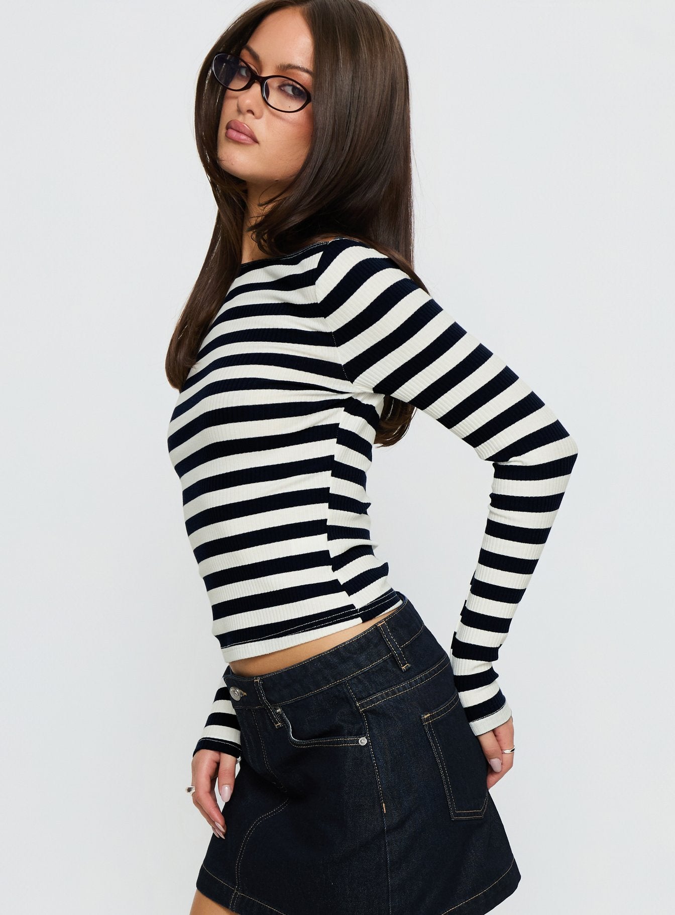 Tashana Long Sleeve Boat Neck Top Navy Stripe