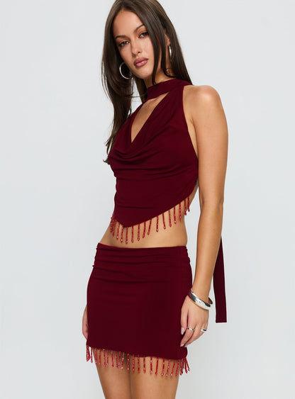 Ginah Bead Tassel Mini Skirt Red