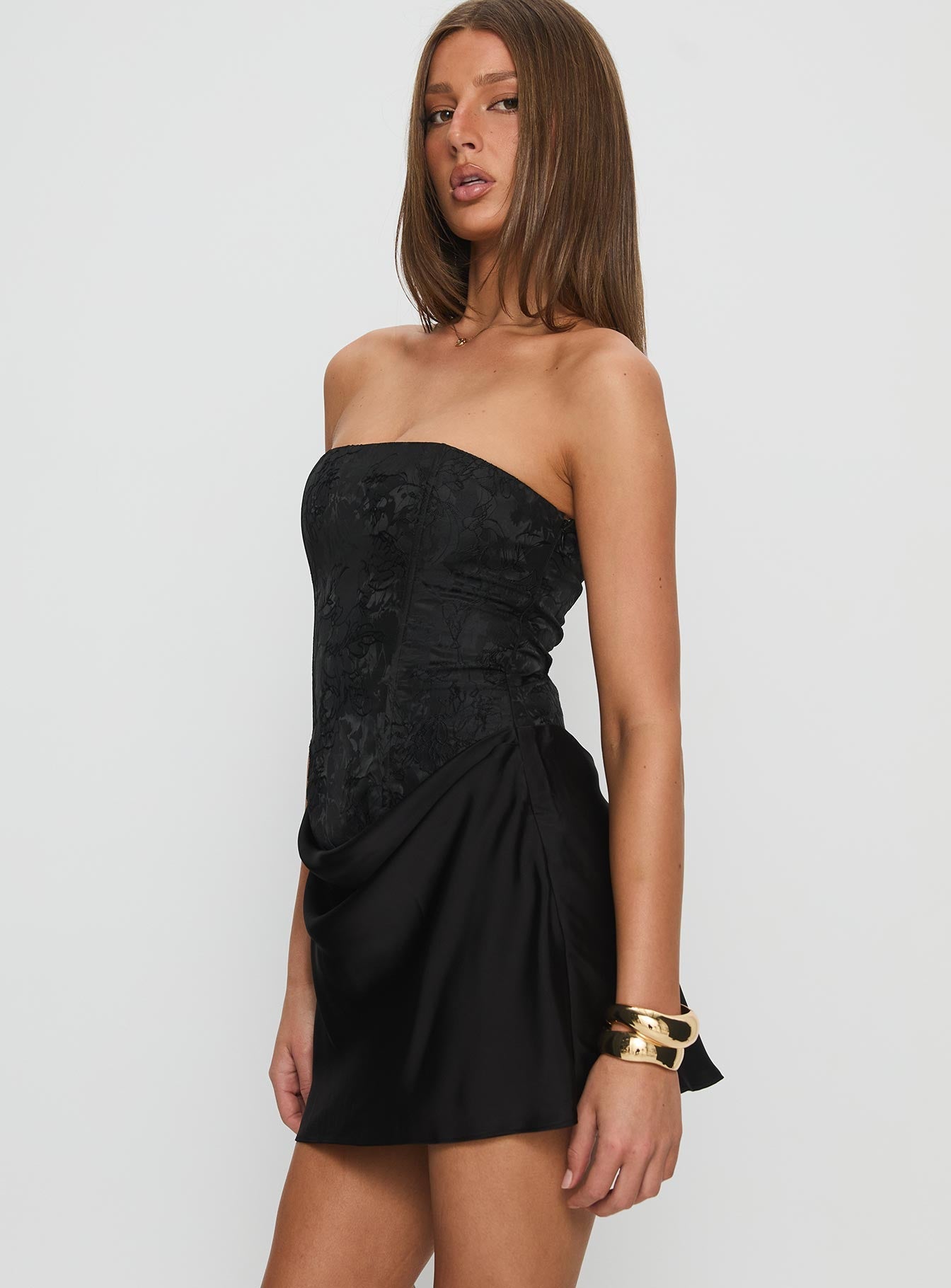 Jenevieve Strapless Drape Mini Dress Black