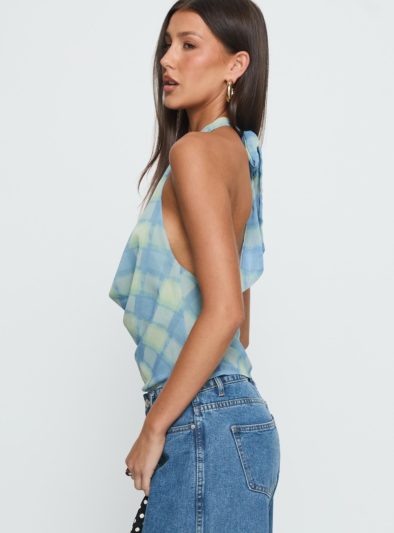 Karelyn Plunge Neck Top Teal Check