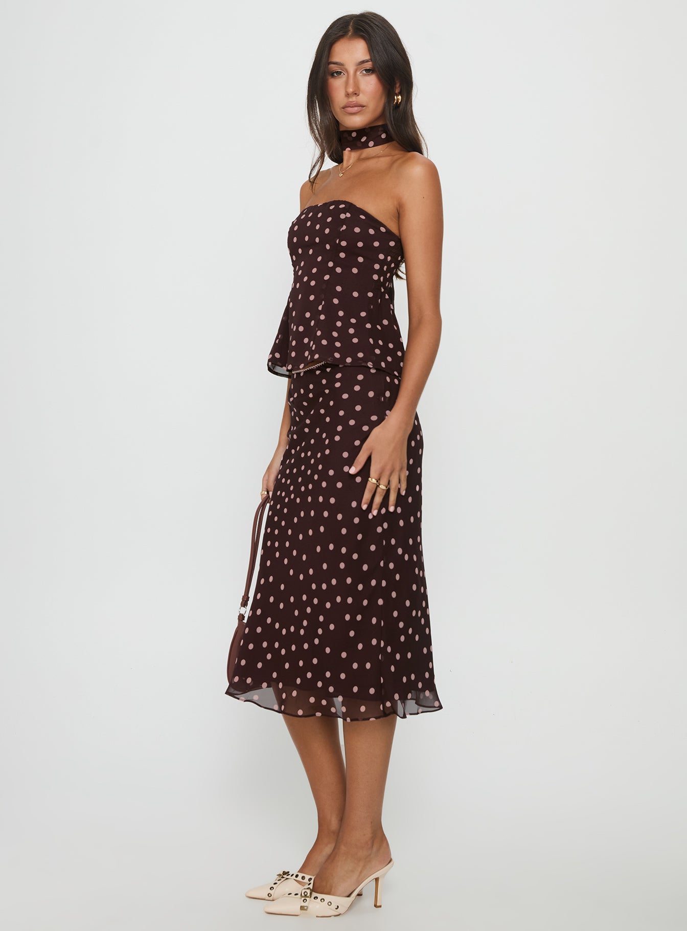 Sydni Midi Bias Cut Skirt Chocolate / Pink Polka