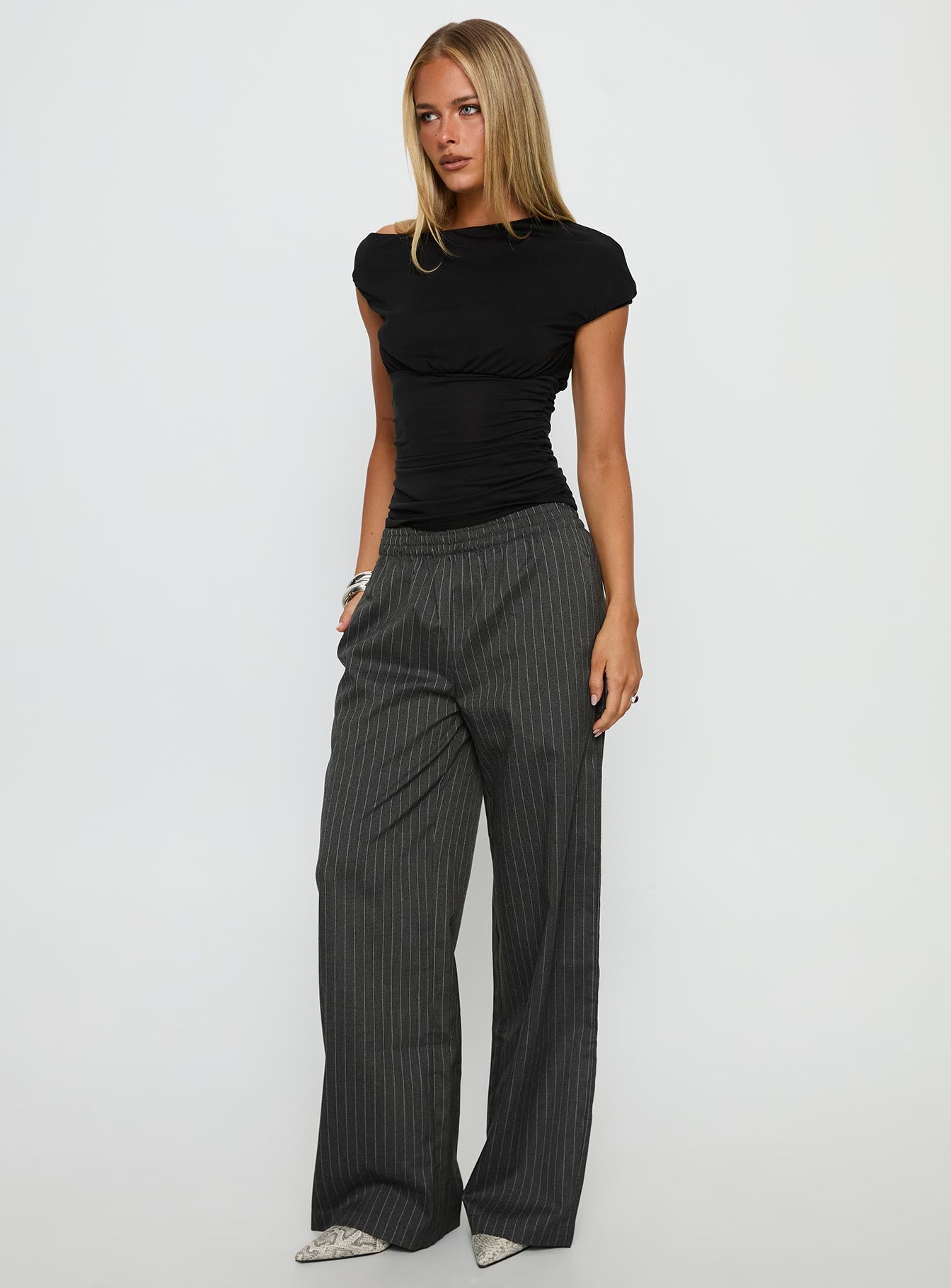 Jaysa Baggy Wide Leg Pant Grey Pinstripe