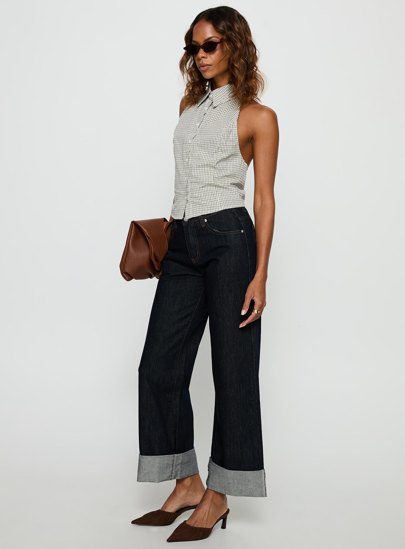 Squire Mid Rise Straight Leg Folded Hem Jeans Indigo Wash