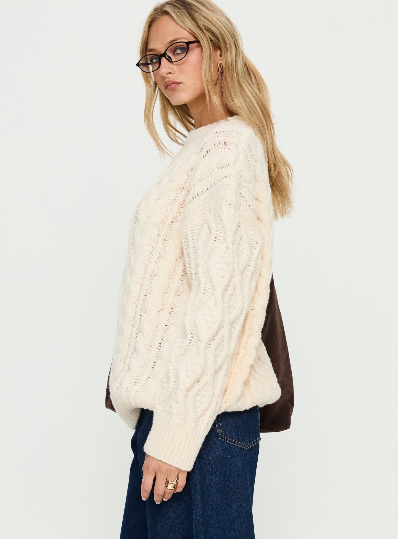 Rorey Cable Knit Crew Neck Sweater White