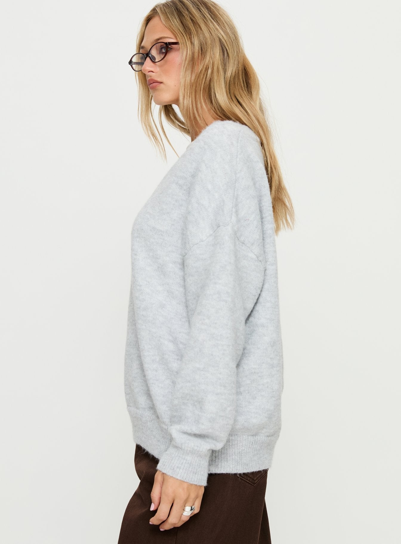Stay The Night V Neck Knit Sweater Grey Marle