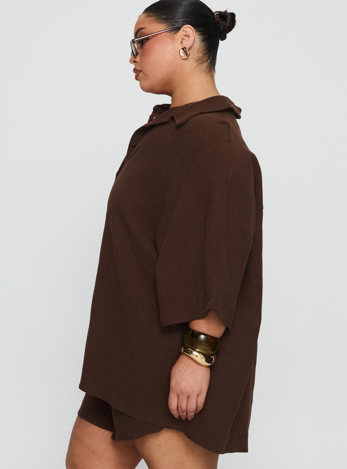 Peni Linen Button Down Top Chocolate Curve