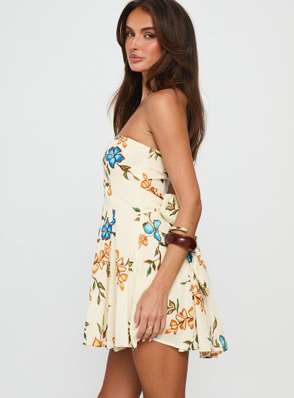 Doe Eyed Tie Back Strapless Mini Dress Multi