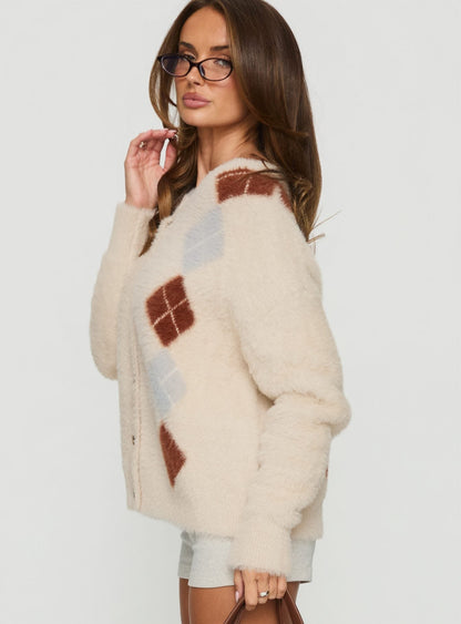 Nancey Argyle Knit Cardigan Cream Multi