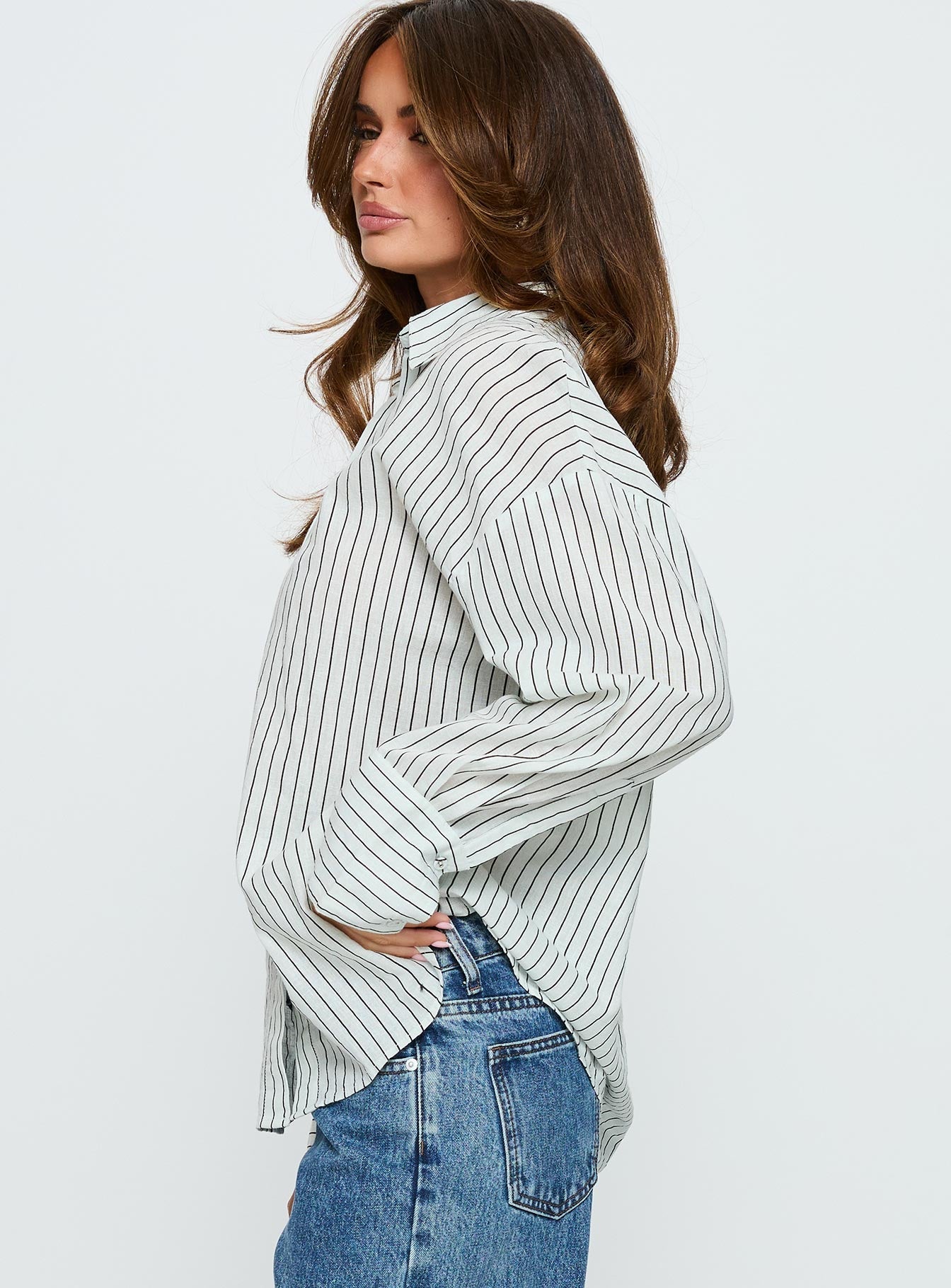 Alexi Long Sleeve Button Down Top Blue / Brown Stripe