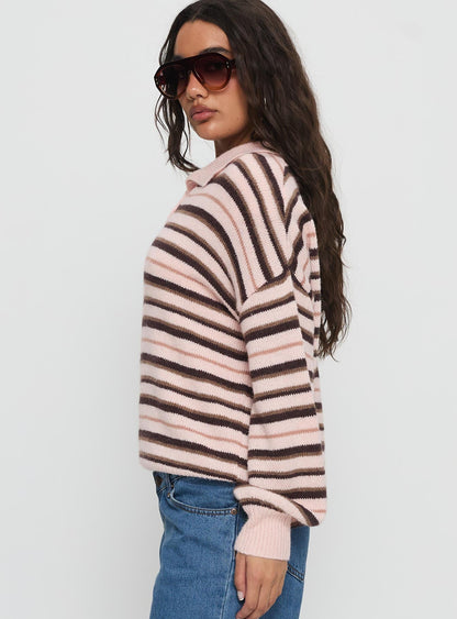 Jeanny Collared Knit Sweater Brown / Pink Stripe