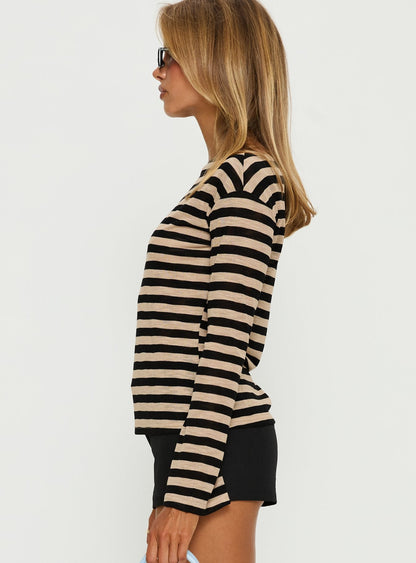 So Composed Boat Neck Long Sleeve Top Latte Stripe