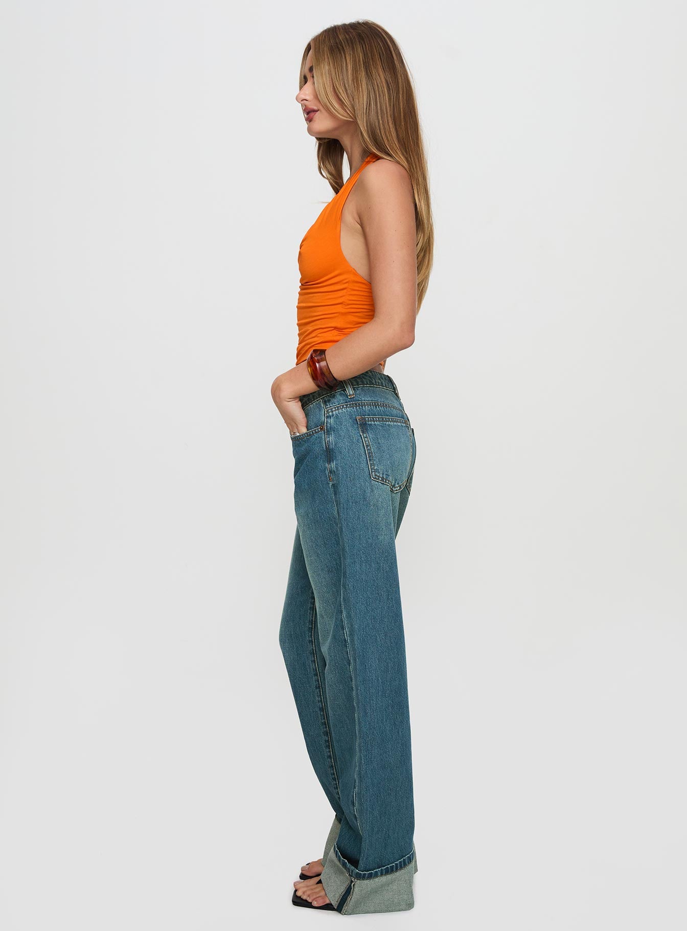 Toros Mid Rise Wide Leg Foldover Denim Jeans Mid Blue