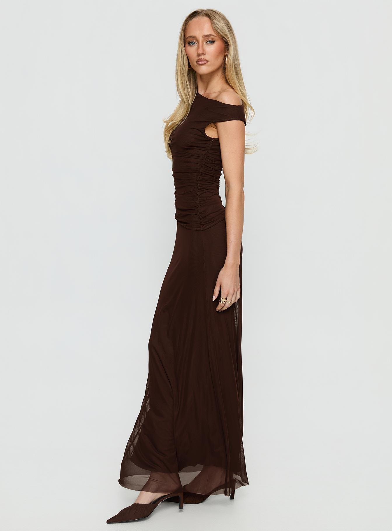 Krystyna Off Shoulder Ruched Maxi Dress Chocolate