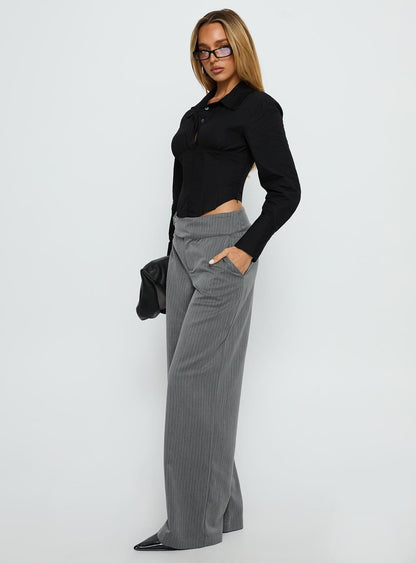 Jinny Relaxed Buckle Tailored Pants Grey Pinstripe