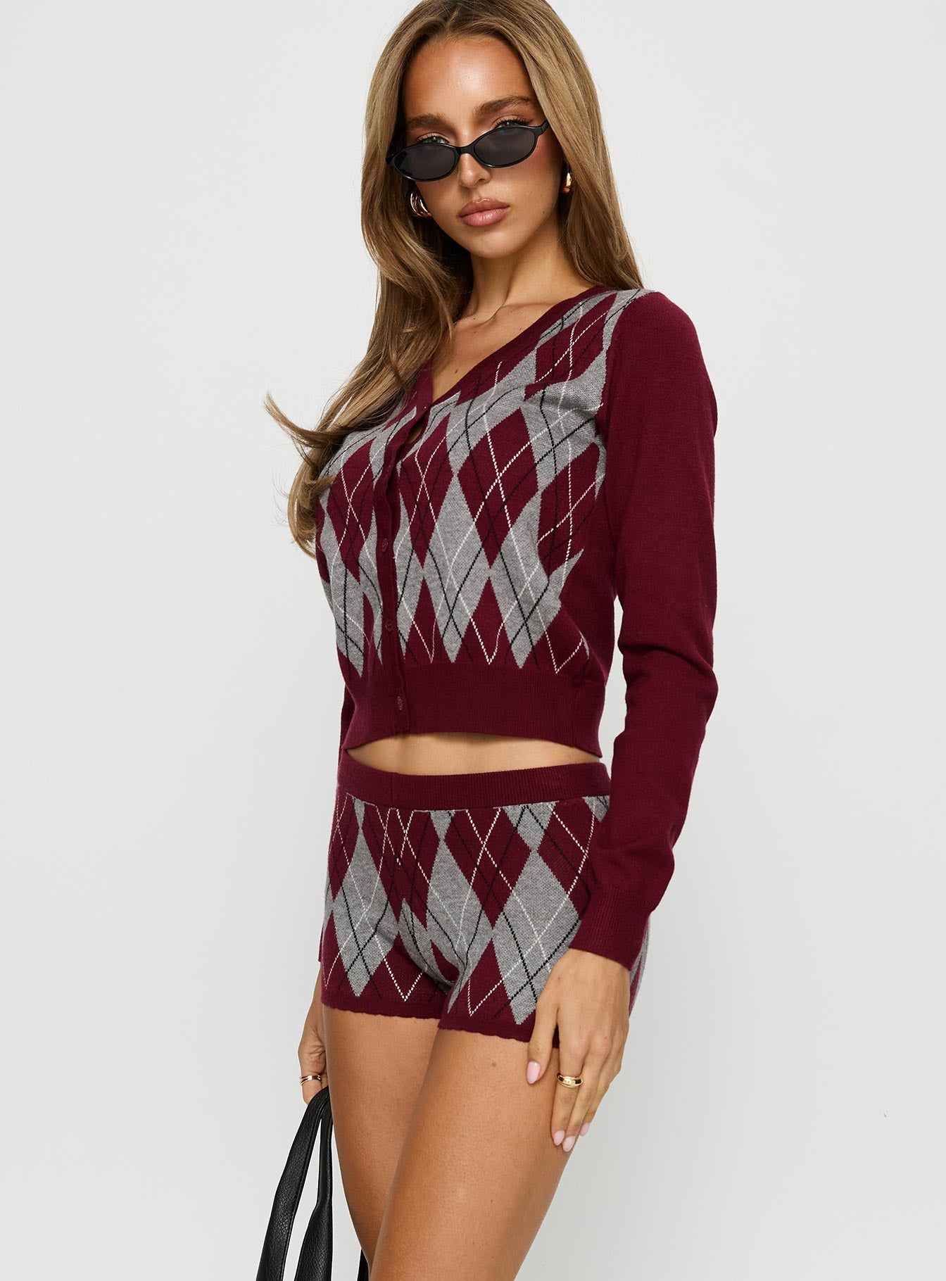 Raiven Knit Shorts Burgundy Argyle