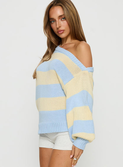 Alvena Off Shoulder Knit Sweater Blue stripe