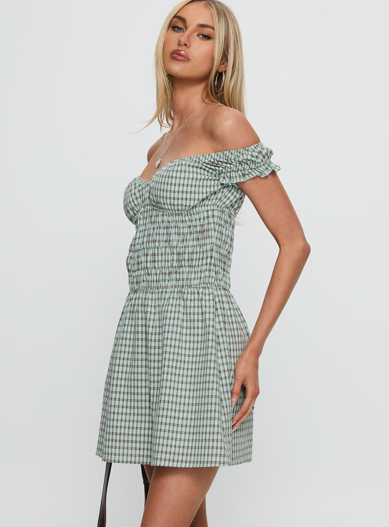 Olwen Ruched Romper Green Check