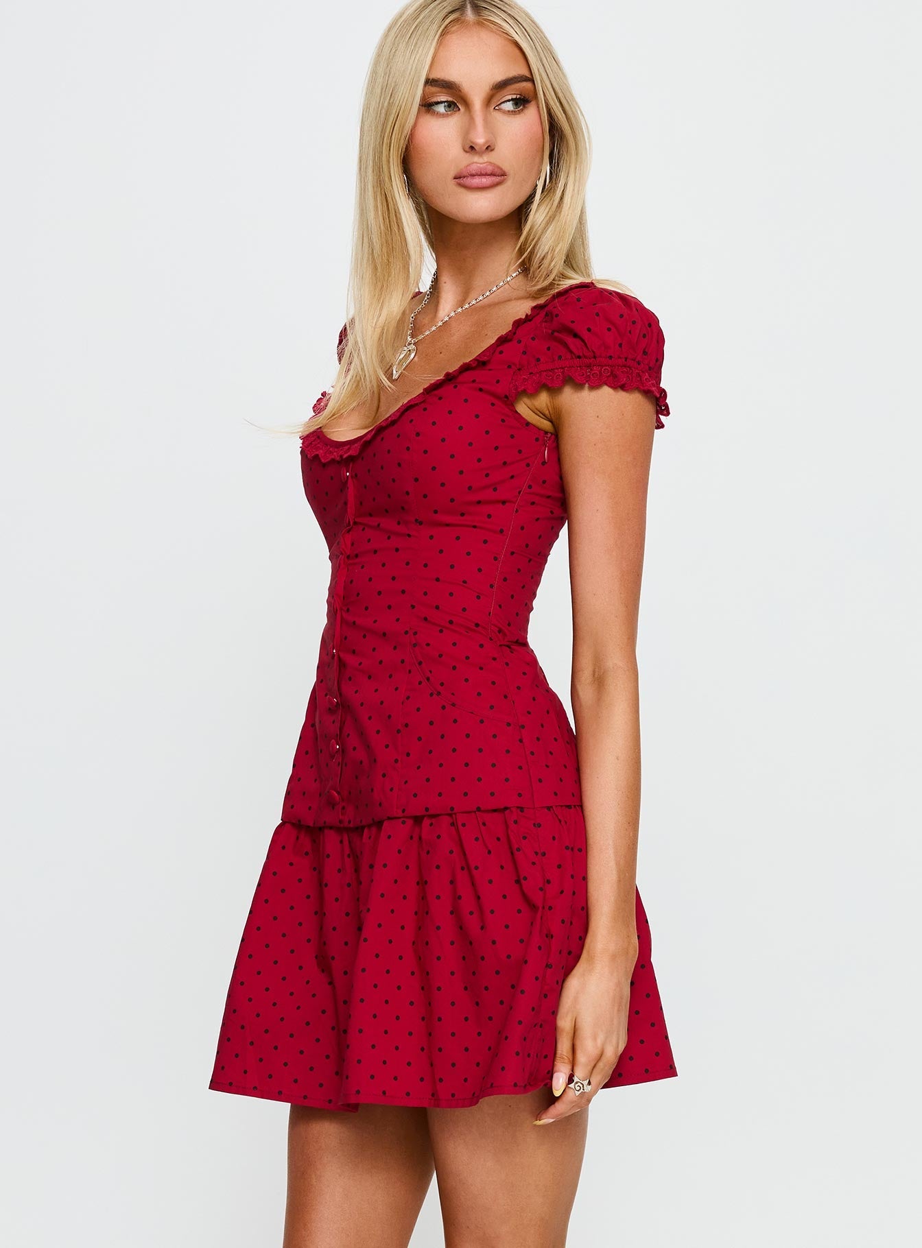 Ottillie Lace Trim Button Down Mini Dress Red Polka Dot