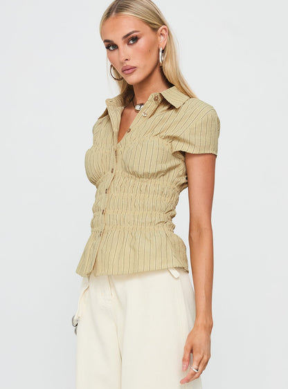 Liesel Shirred Short Sleeve Top Butter Stripe