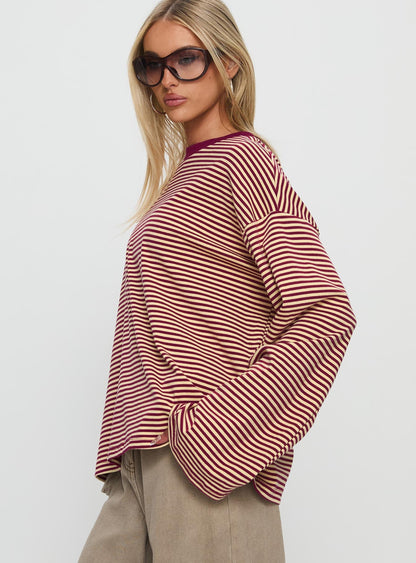 Settle Down Long Sleeve Top Lemon / Burgundy Stripe