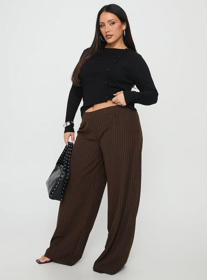 Khane Low Rise Wide Leg Pant Brown Pinstripe Curve