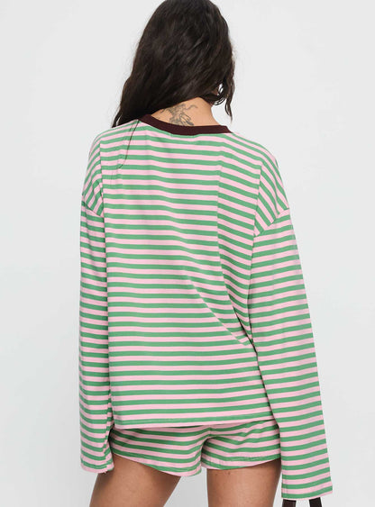 Settle Down Long Sleeve Top Green / Pink Stripe