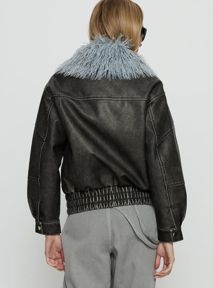 Brittanni Fluffy Collar Jacket Black / Blue