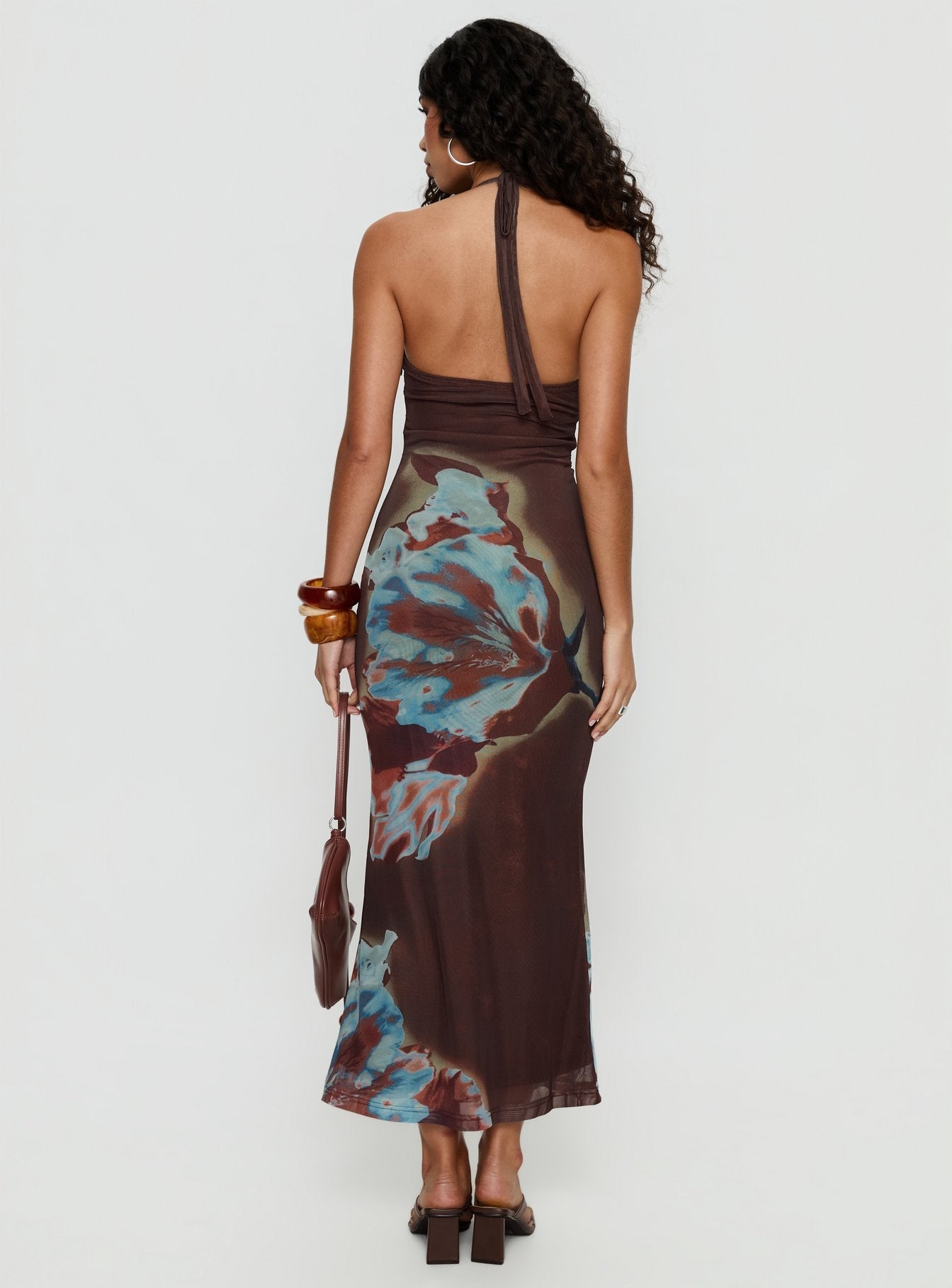 Maritsa Halter Beaded Maxi Dress Brown Floral