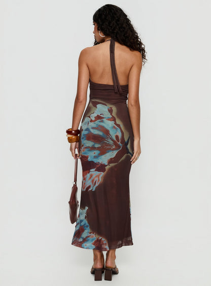 Maritsa Halter Beaded Maxi Dress Brown Floral