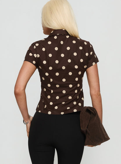 Lift Off Button Up Top Choc / Lemon Polka