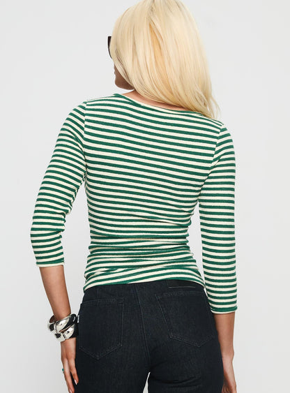 Missouri 3/4 Sleeve Textured Top Green Stripe